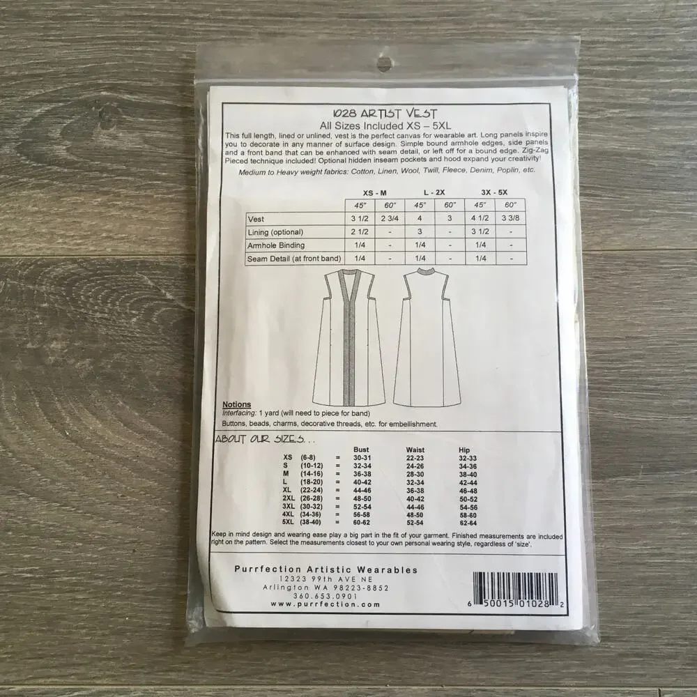 Purrfection Artistic Wearable Sewing Pattern 1028 Artist Vest Duster XS-5X UNCUT